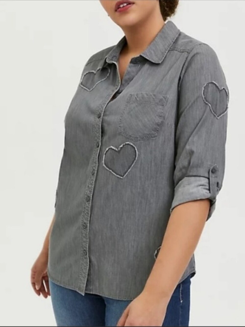 Torrid Boho Minimalist Goth Heart-Embroidered Button-Up Shirt Plus Size 2X
